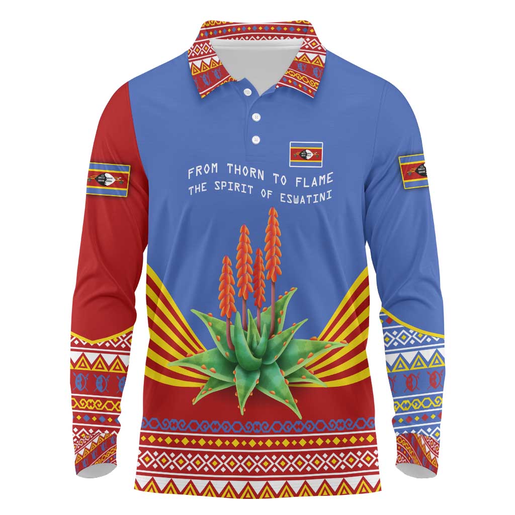 Eswatini Aloe Vera Long Sleeve Polo Shirt with Flag Print and Cultural Motif From Thorn to Flame