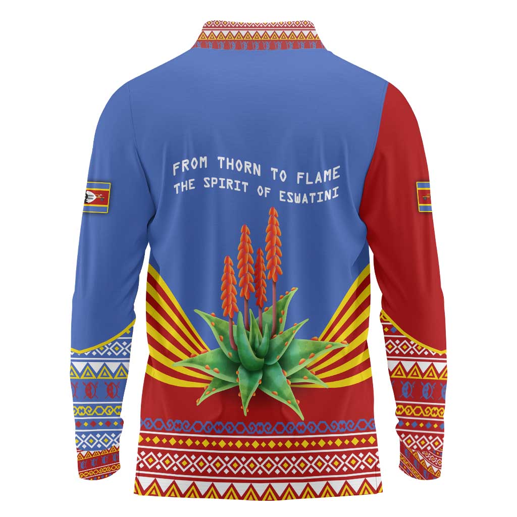 Eswatini Aloe Vera Long Sleeve Polo Shirt with Flag Print and Cultural Motif From Thorn to Flame
