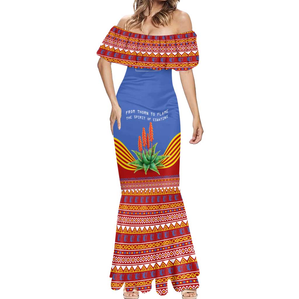 Eswatini Aloe Vera Mermaid Dress with Flag Print and Cultural Motif From Thorn to Flame