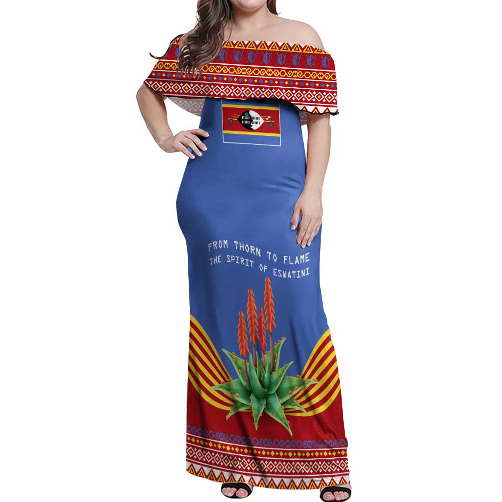 Eswatini Aloe Vera Off Shoulder Maxi Dress with Flag Print and Cultural Motif From Thorn to Flame