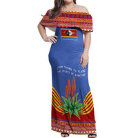 Eswatini Aloe Vera Off Shoulder Maxi Dress with Flag Print and Cultural Motif From Thorn to Flame