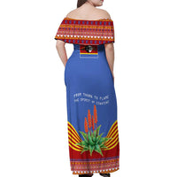 Eswatini Aloe Vera Off Shoulder Maxi Dress with Flag Print and Cultural Motif From Thorn to Flame