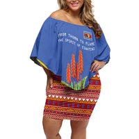 Eswatini Aloe Vera Off Shoulder Short Dress with Flag Print and Cultural Motif From Thorn to Flame