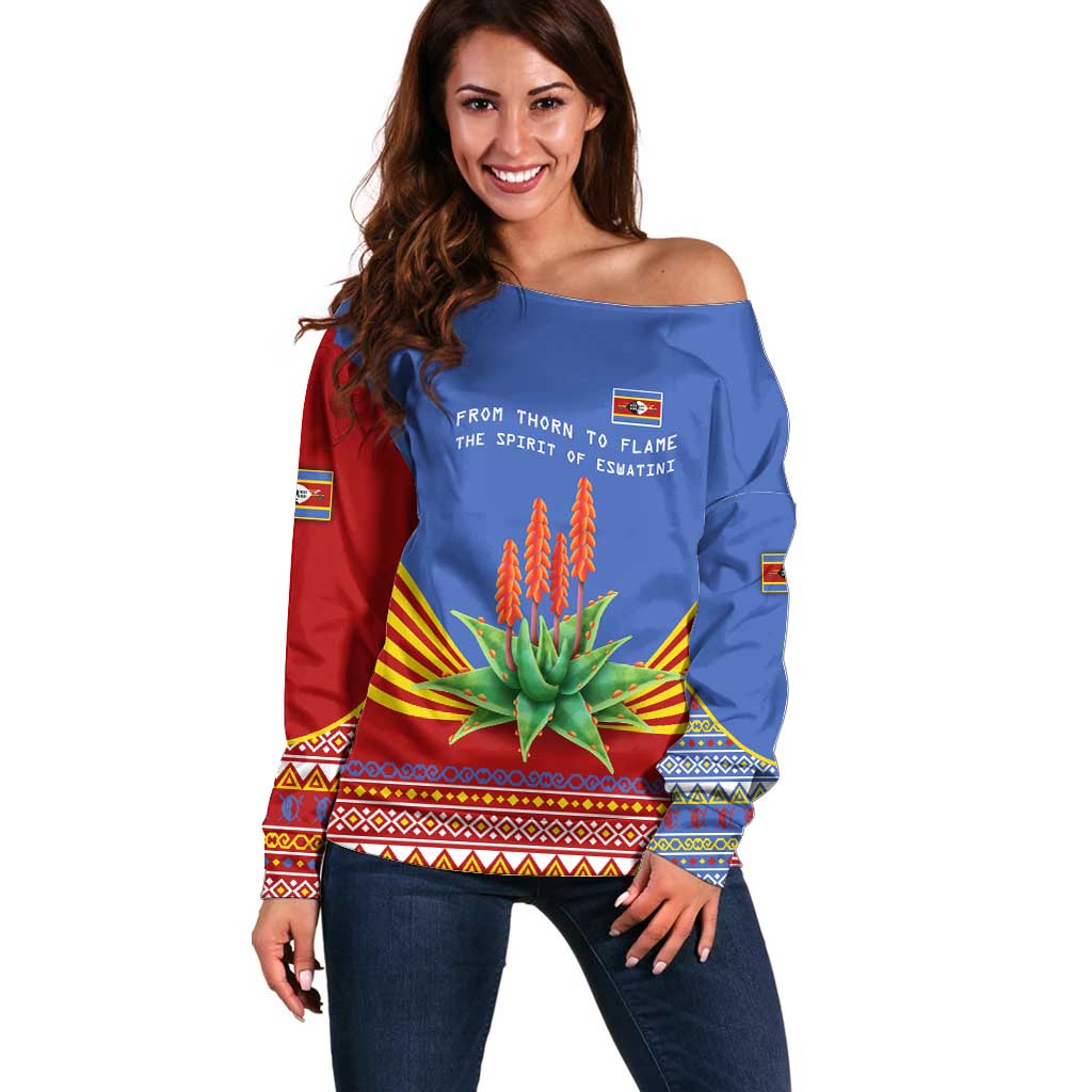 Eswatini Aloe Vera Off Shoulder Sweater with Flag Print and Cultural Motif From Thorn to Flame
