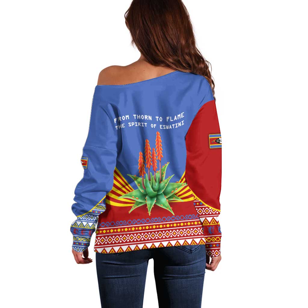 Eswatini Aloe Vera Off Shoulder Sweater with Flag Print and Cultural Motif From Thorn to Flame
