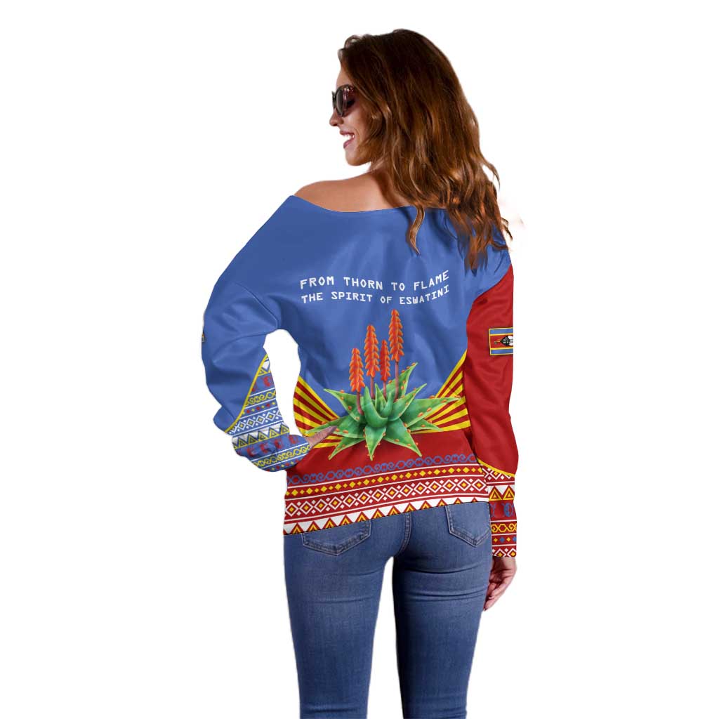 Eswatini Aloe Vera Off Shoulder Sweater with Flag Print and Cultural Motif From Thorn to Flame