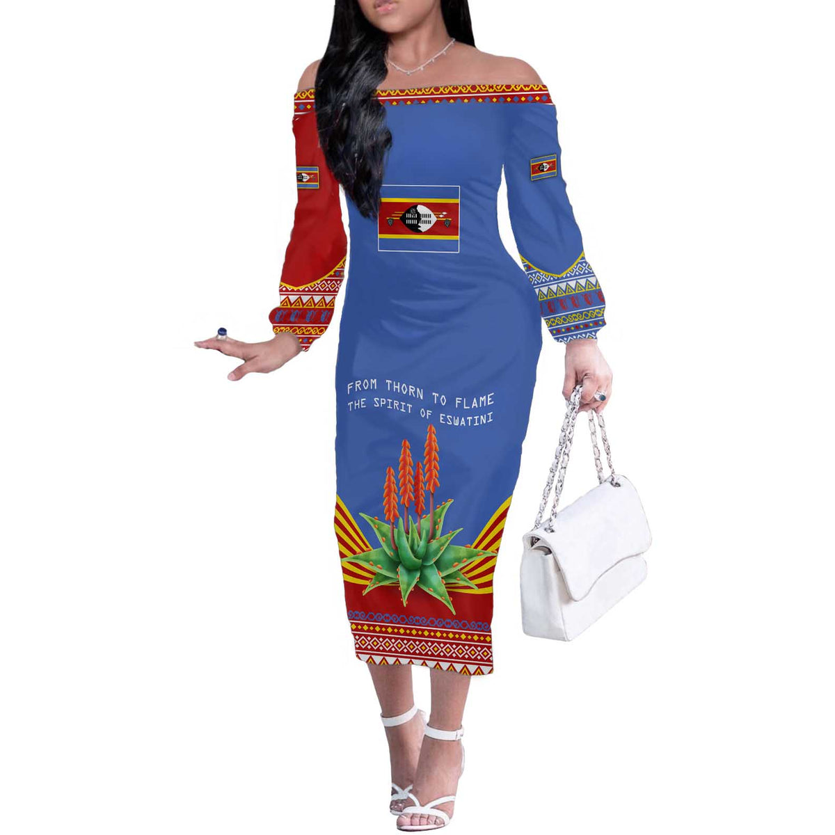 Eswatini Aloe Vera Off The Shoulder Long Sleeve Dress with Flag Print and Cultural Motif From Thorn to Flame