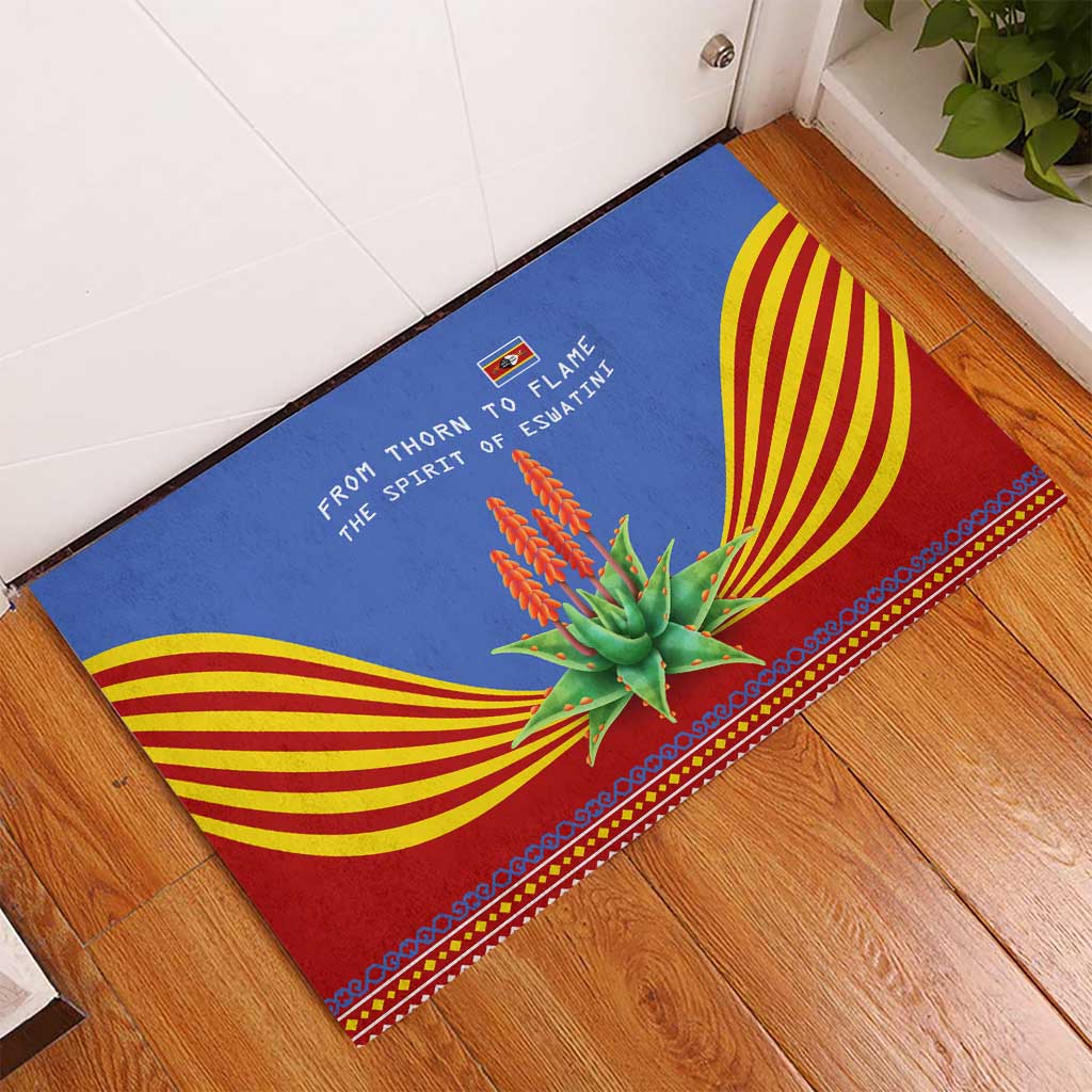 Eswatini Aloe Vera Rubber Doormat with Flag Print and Cultural Motif From Thorn to Flame