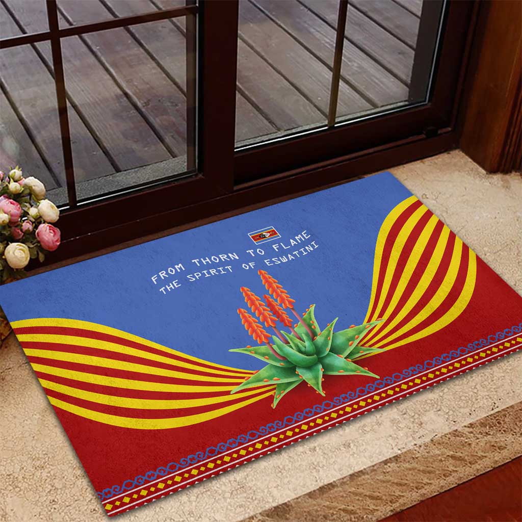 Eswatini Aloe Vera Rubber Doormat with Flag Print and Cultural Motif From Thorn to Flame