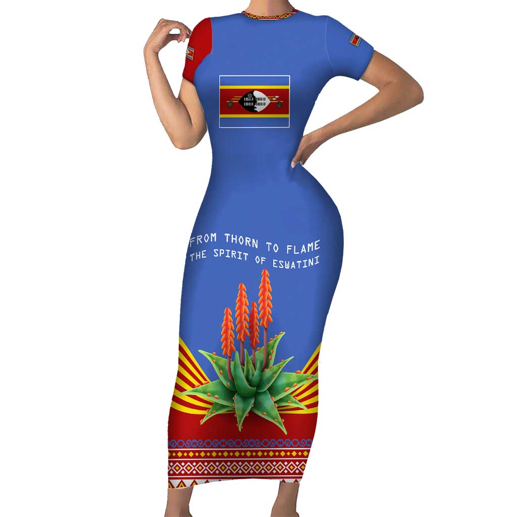 Eswatini Aloe Vera Short Sleeve Bodycon Dress with Flag Print and Cultural Motif From Thorn to Flame