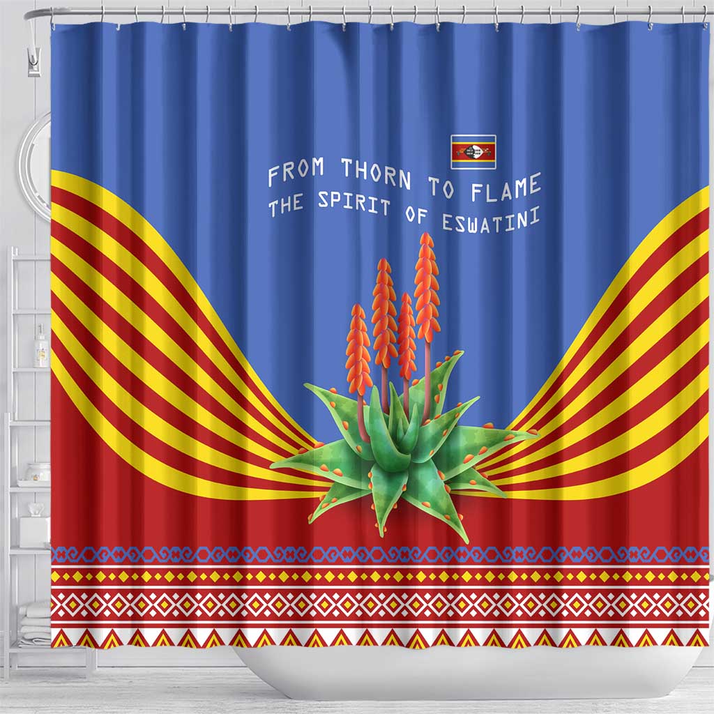 Eswatini Aloe Vera Shower Curtain with Flag Print and Cultural Motif From Thorn to Flame