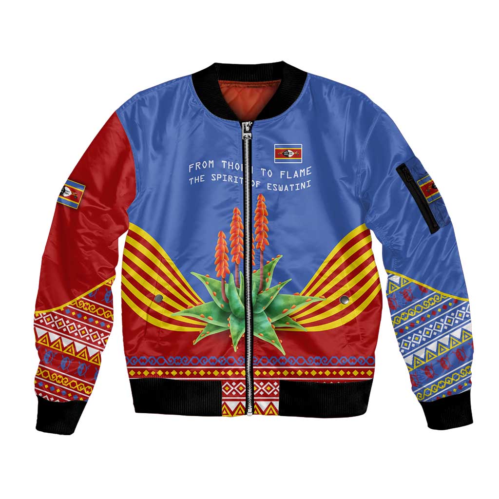 Eswatini Aloe Vera Sleeve Zip Bomber Jacket with Flag Print and Cultural Motif From Thorn to Flame