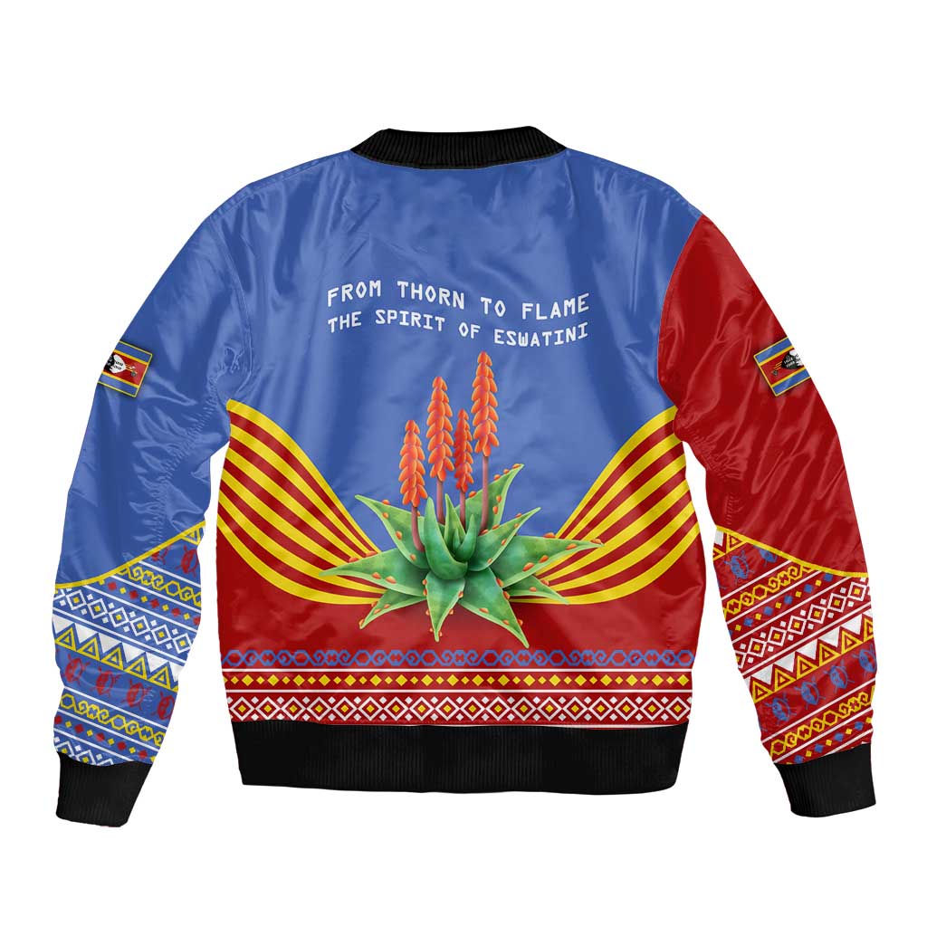 Eswatini Aloe Vera Sleeve Zip Bomber Jacket with Flag Print and Cultural Motif From Thorn to Flame