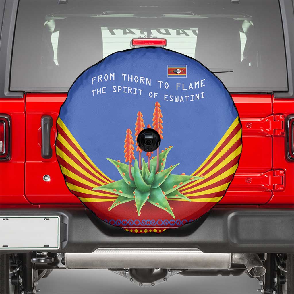 Eswatini Aloe Vera Spare Tire Cover with Flag Print and Cultural Motif From Thorn to Flame