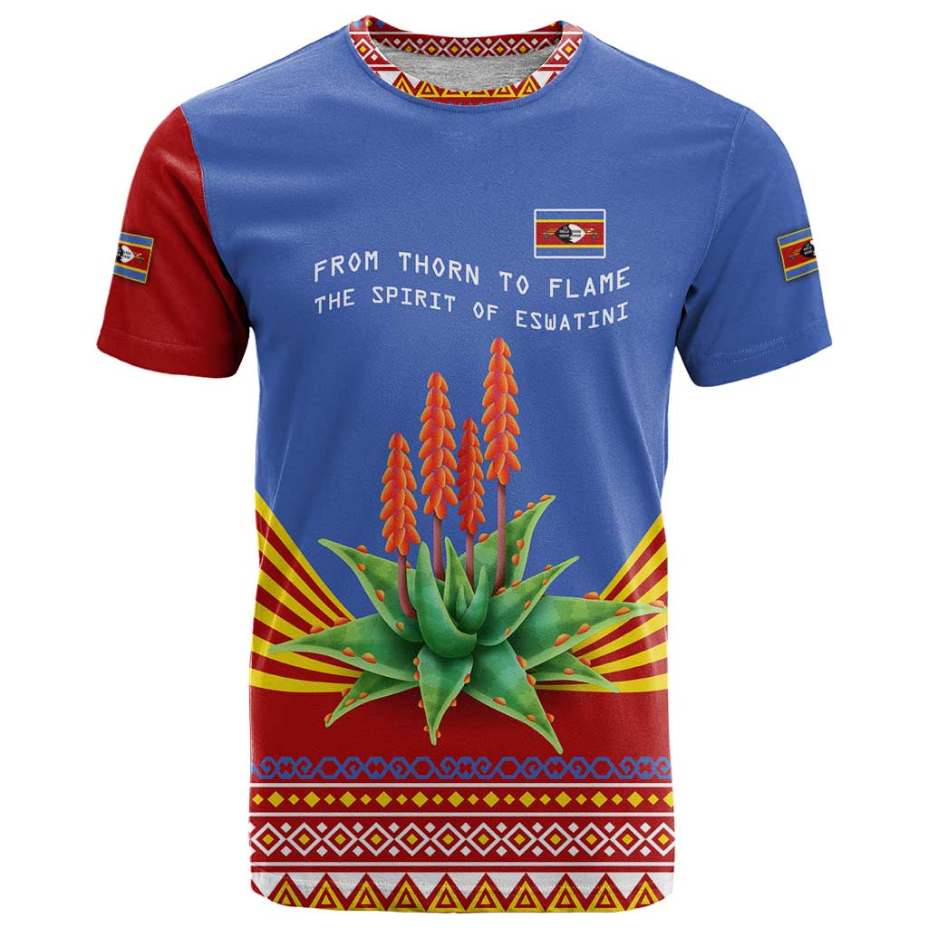 Eswatini Aloe Vera T Shirt with Flag Print and Cultural Motif From Thorn to Flame