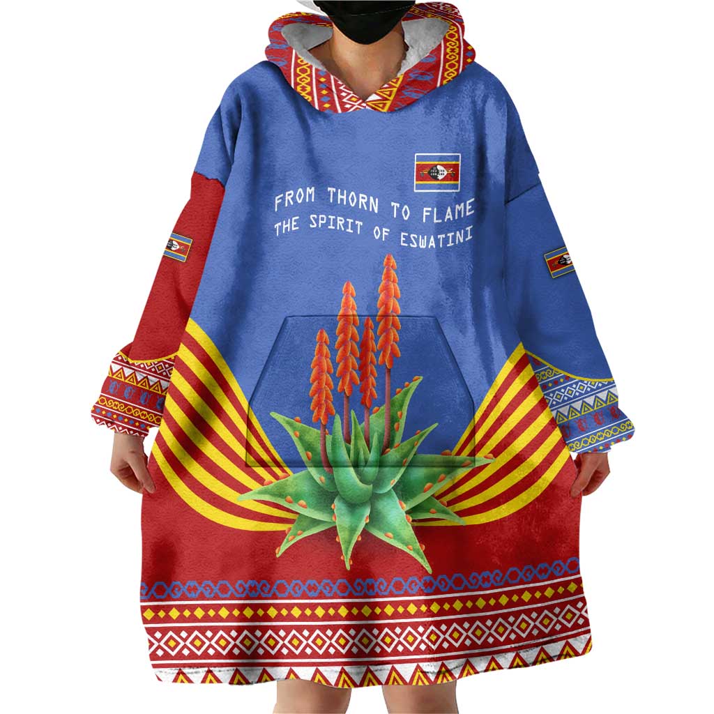 Eswatini Aloe Vera Wearable Blanket Hoodie with Flag Print and Cultural Motif From Thorn to Flame