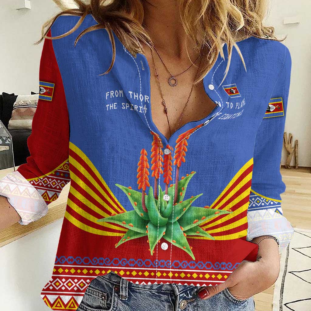 Eswatini Aloe Vera Women Casual Shirt with Flag Print and Cultural Motif From Thorn to Flame