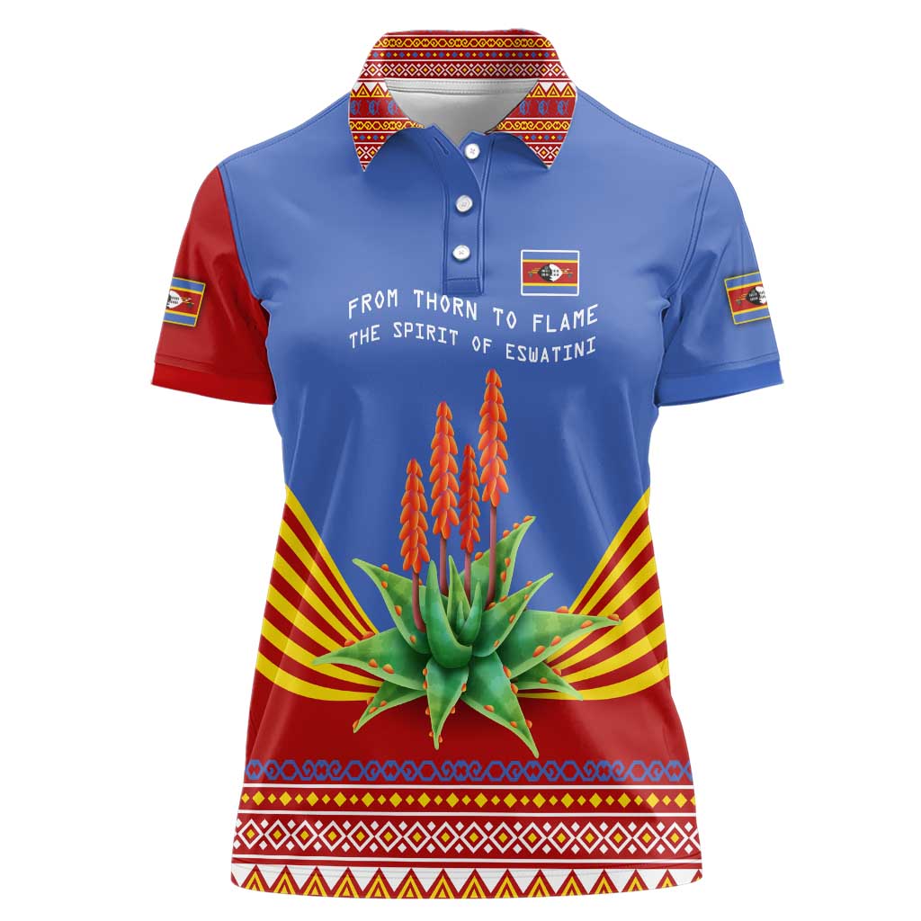 Eswatini Aloe Vera Women Polo Shirt with Flag Print and Cultural Motif From Thorn to Flame