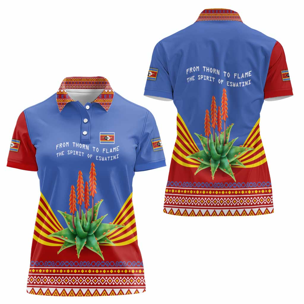 Eswatini Aloe Vera Women Polo Shirt with Flag Print and Cultural Motif From Thorn to Flame