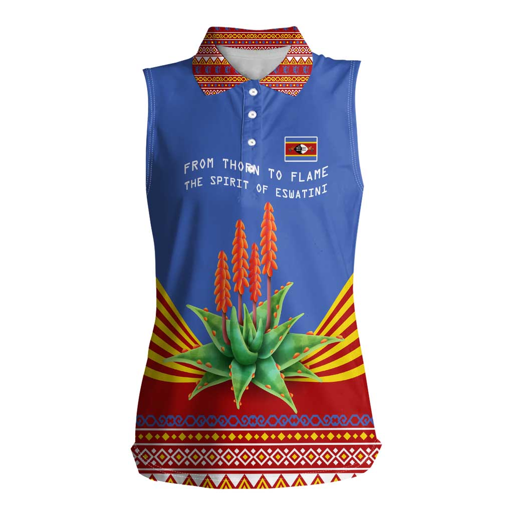 Eswatini Aloe Vera Women Sleeveless Polo Shirt with Flag Print and Cultural Motif From Thorn to Flame
