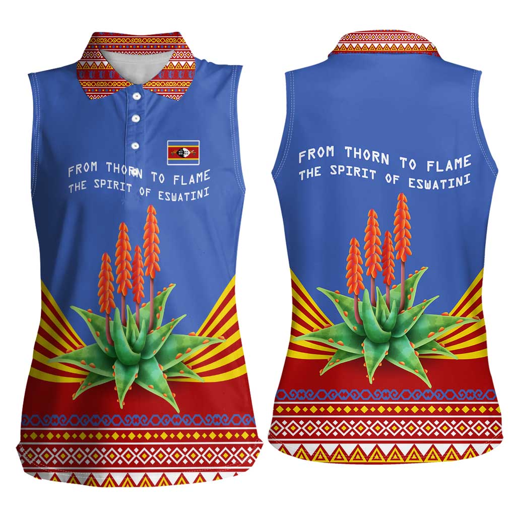 Eswatini Aloe Vera Women Sleeveless Polo Shirt with Flag Print and Cultural Motif From Thorn to Flame