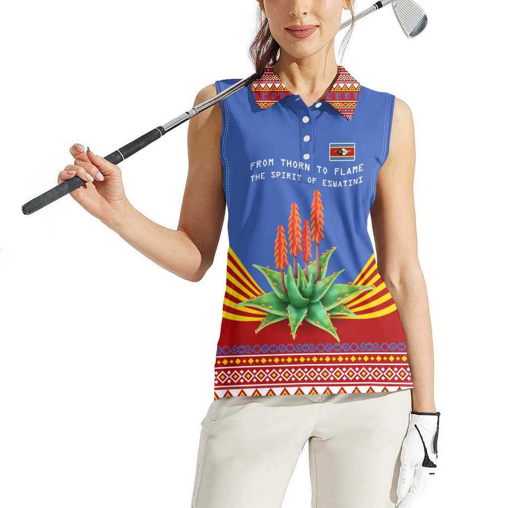 Eswatini Aloe Vera Women Sleeveless Polo Shirt with Flag Print and Cultural Motif From Thorn to Flame