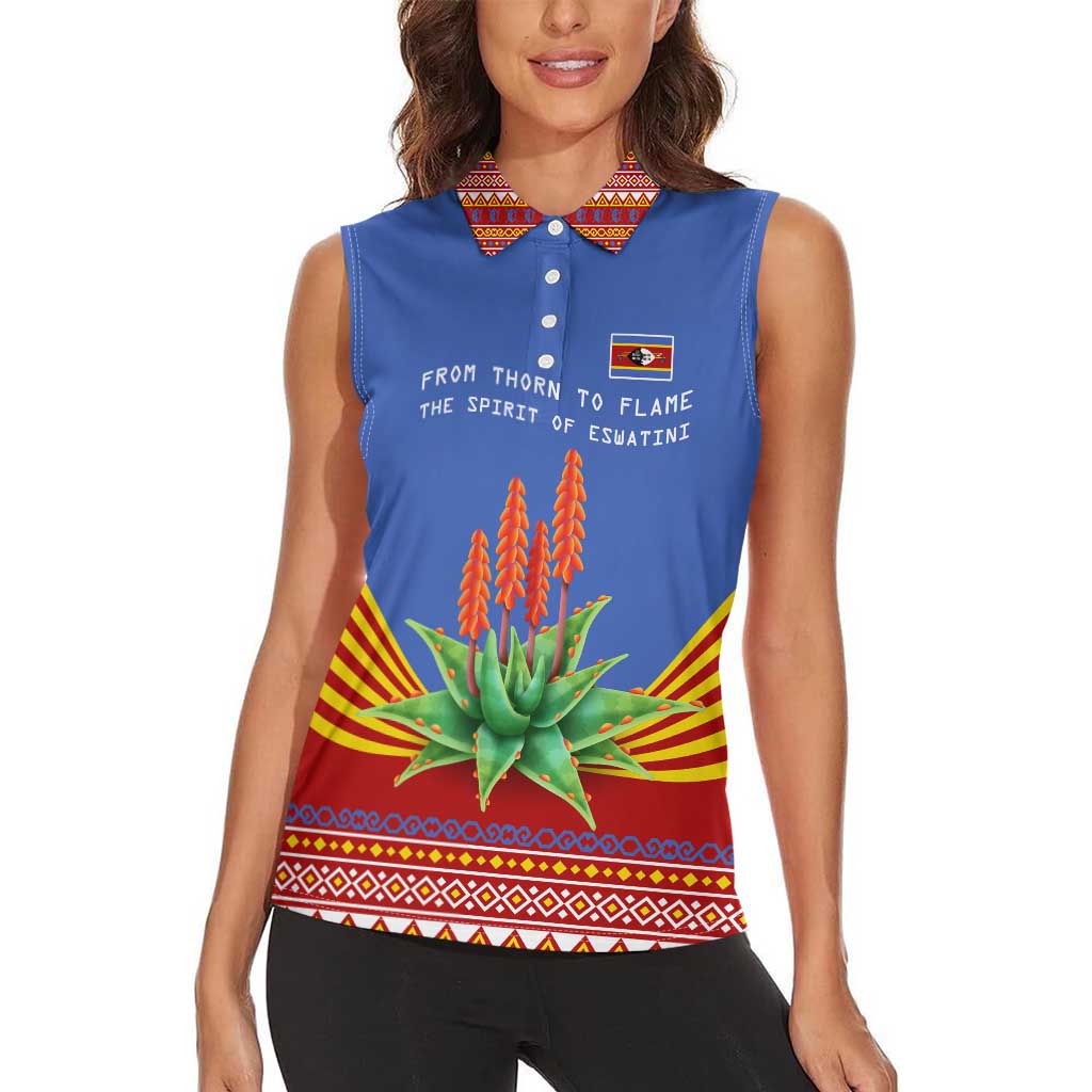 Eswatini Aloe Vera Women Sleeveless Polo Shirt with Flag Print and Cultural Motif From Thorn to Flame
