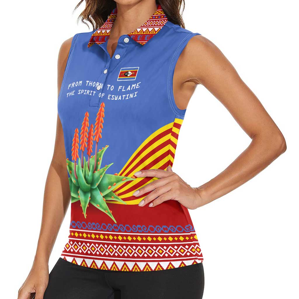 Eswatini Aloe Vera Women Sleeveless Polo Shirt with Flag Print and Cultural Motif From Thorn to Flame