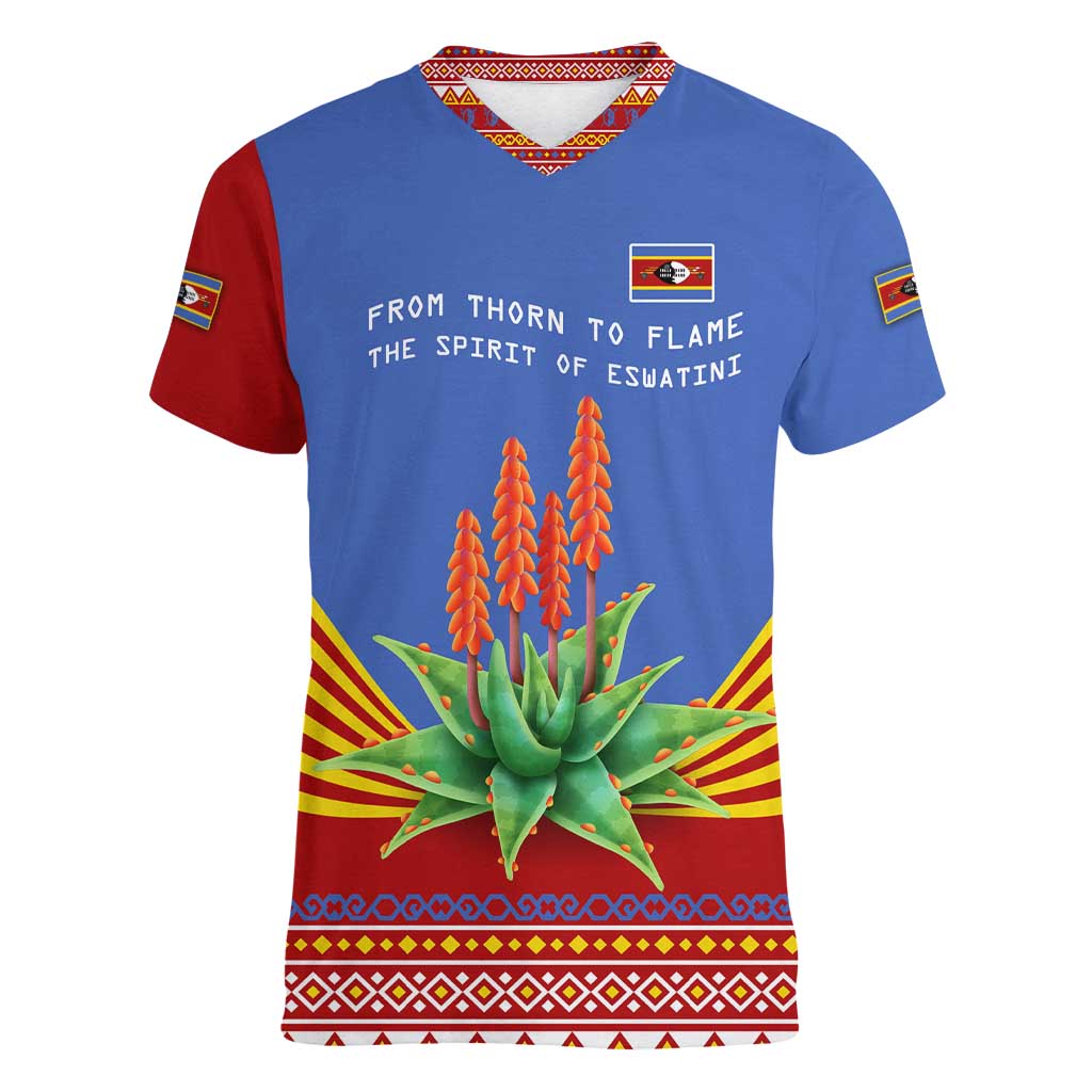 Eswatini Aloe Vera Women V-Neck T-Shirt with Flag Print and Cultural Motif From Thorn to Flame