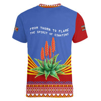 Eswatini Aloe Vera Women V-Neck T-Shirt with Flag Print and Cultural Motif From Thorn to Flame