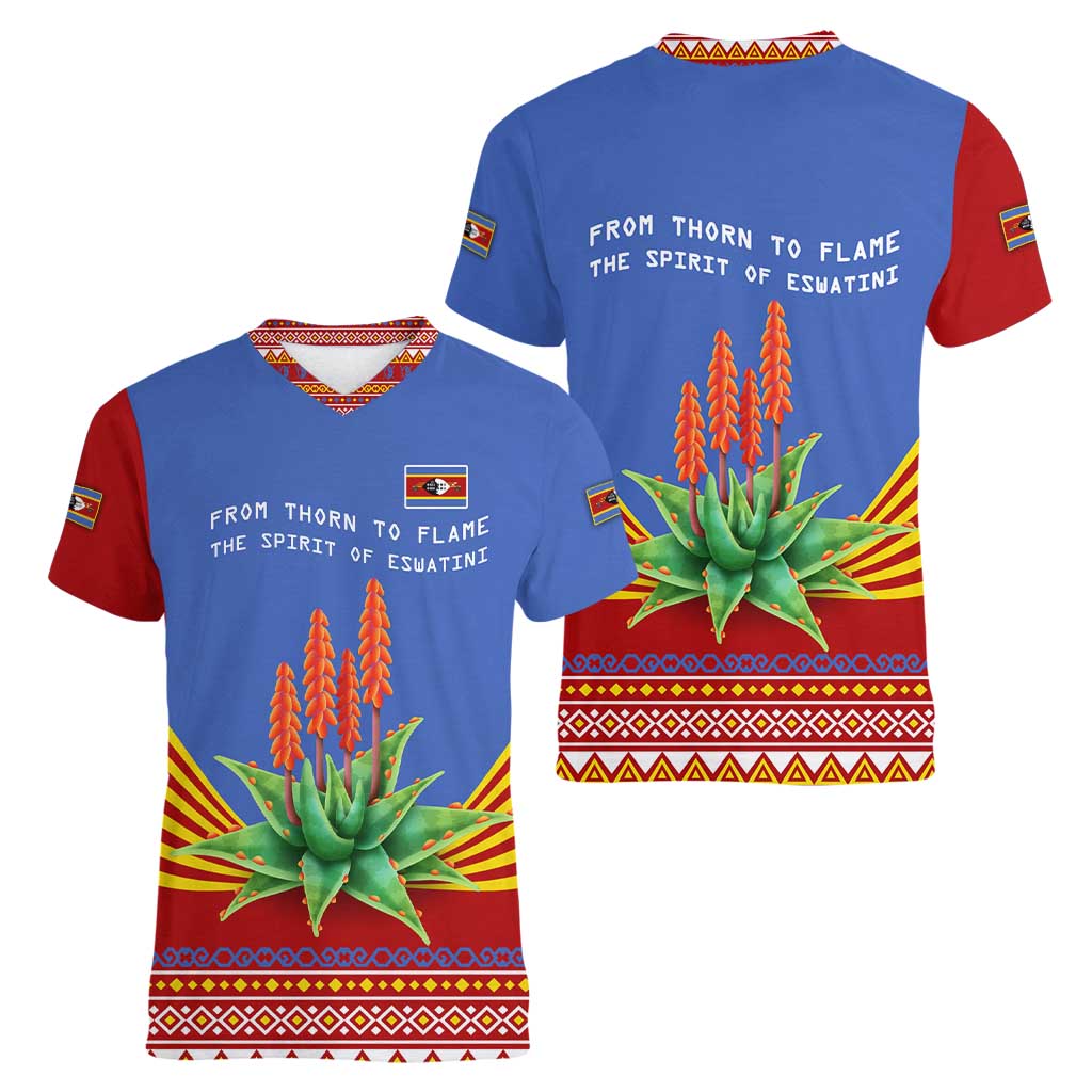 Eswatini Aloe Vera Women V-Neck T-Shirt with Flag Print and Cultural Motif From Thorn to Flame