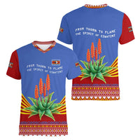 Eswatini Aloe Vera Women V-Neck T-Shirt with Flag Print and Cultural Motif From Thorn to Flame