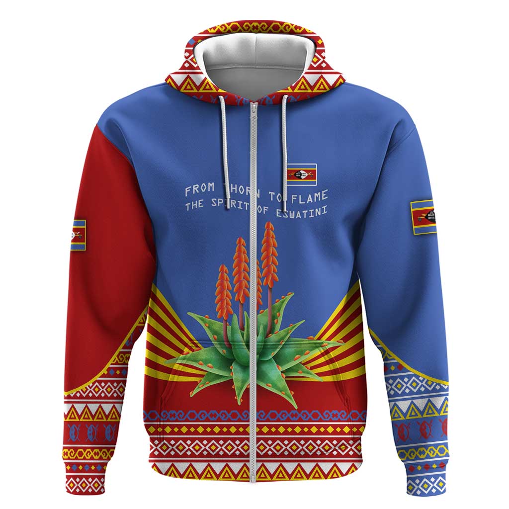 Eswatini Aloe Vera Zip Hoodie with Flag Print and Cultural Motif From Thorn to Flame
