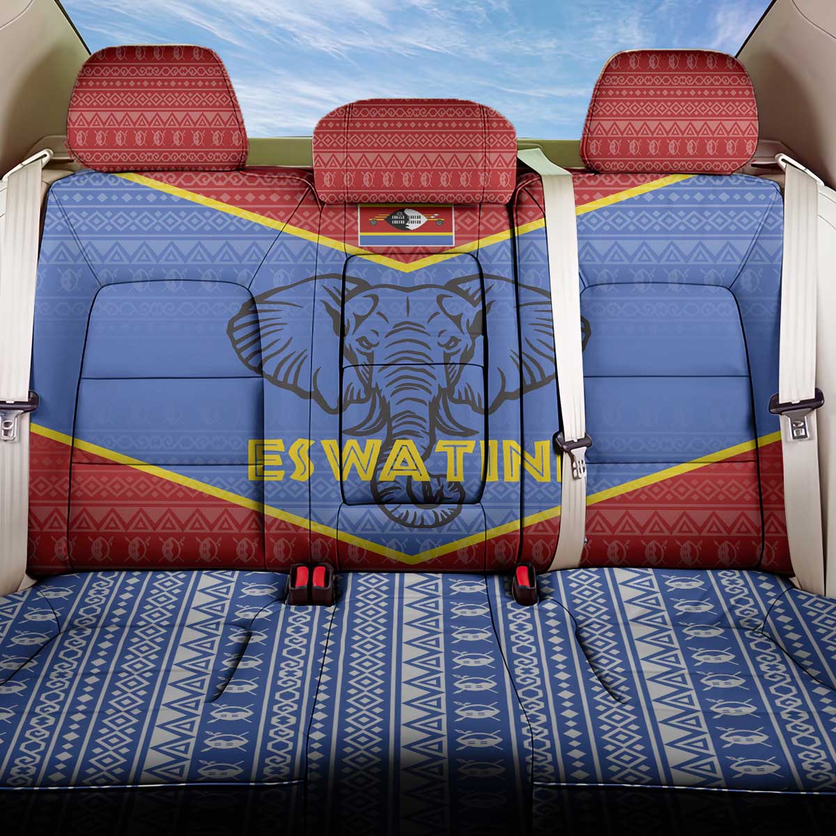 Eswatini Elephant Back Car Seat Cover with Tribal Print and National Flag Details