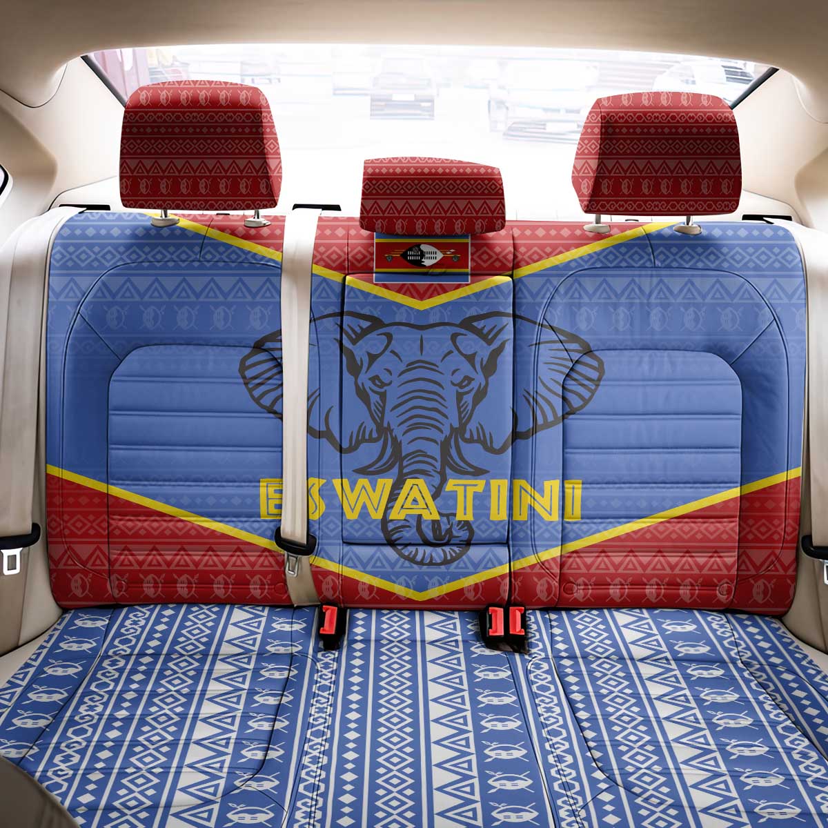 Eswatini Elephant Back Car Seat Cover with Tribal Print and National Flag Details