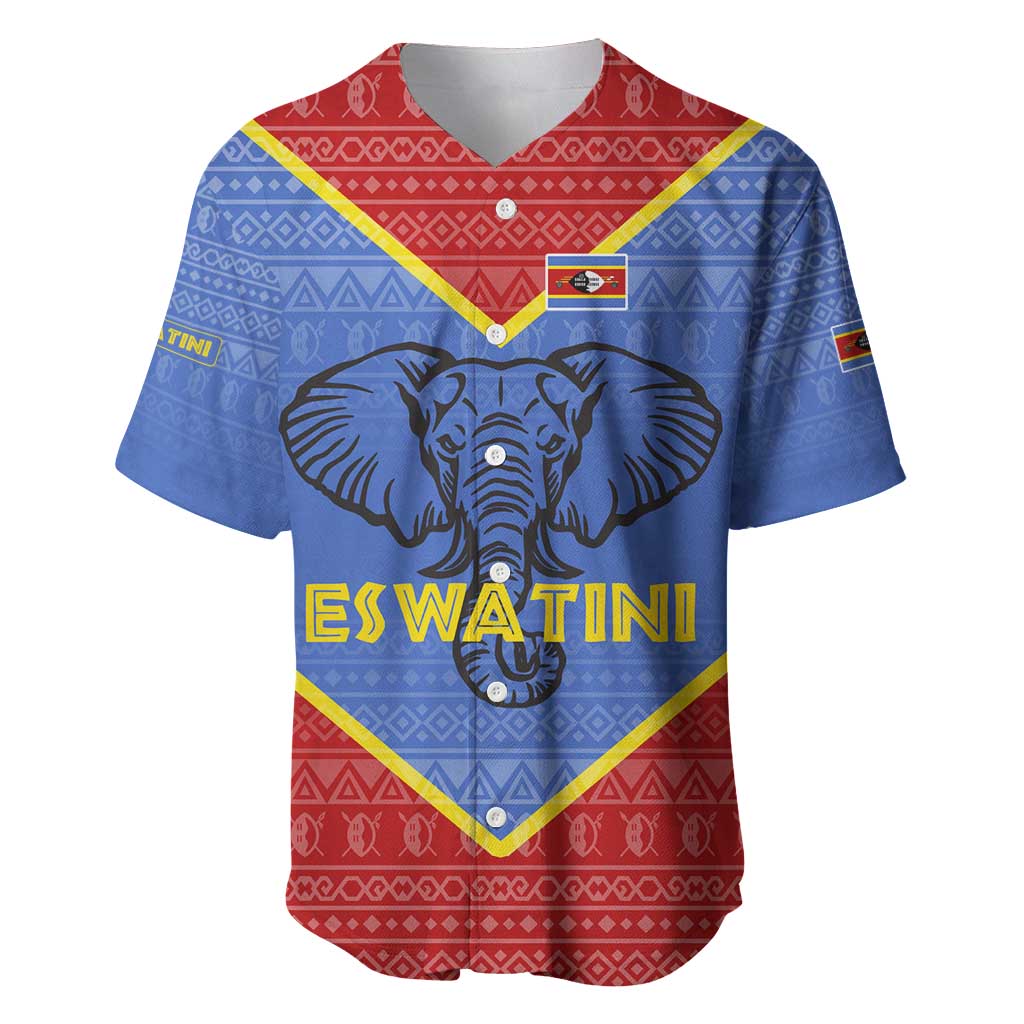 Eswatini Elephant Baseball Jersey with Tribal Print and National Flag Details