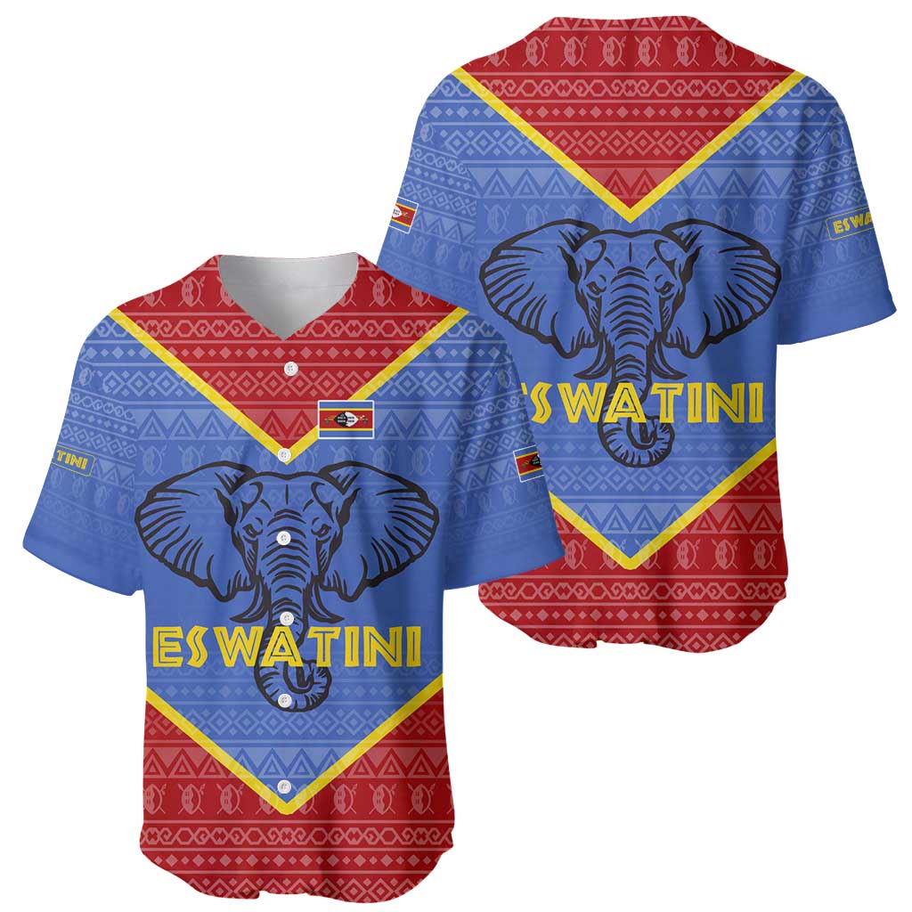 Eswatini Elephant Baseball Jersey with Tribal Print and National Flag Details
