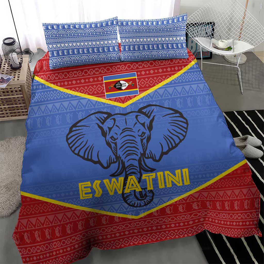 Eswatini Elephant Bedding Set with Tribal Print and National Flag Details