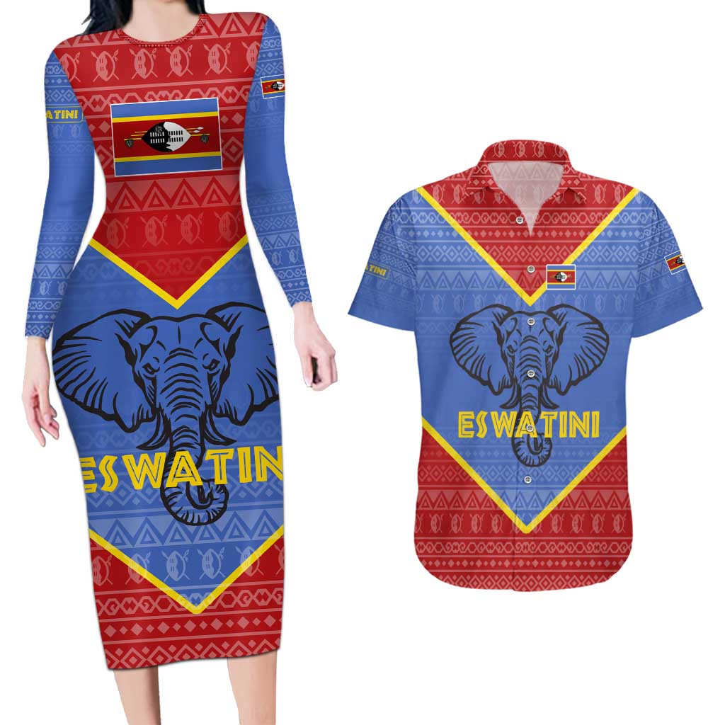 Eswatini Elephant Couples Matching Long Sleeve Bodycon Dress and Hawaiian Shirt with Tribal Print and National Flag Details