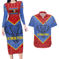 Eswatini Elephant Couples Matching Long Sleeve Bodycon Dress and Hawaiian Shirt with Tribal Print and National Flag Details