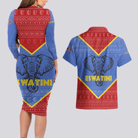 Eswatini Elephant Couples Matching Long Sleeve Bodycon Dress and Hawaiian Shirt with Tribal Print and National Flag Details