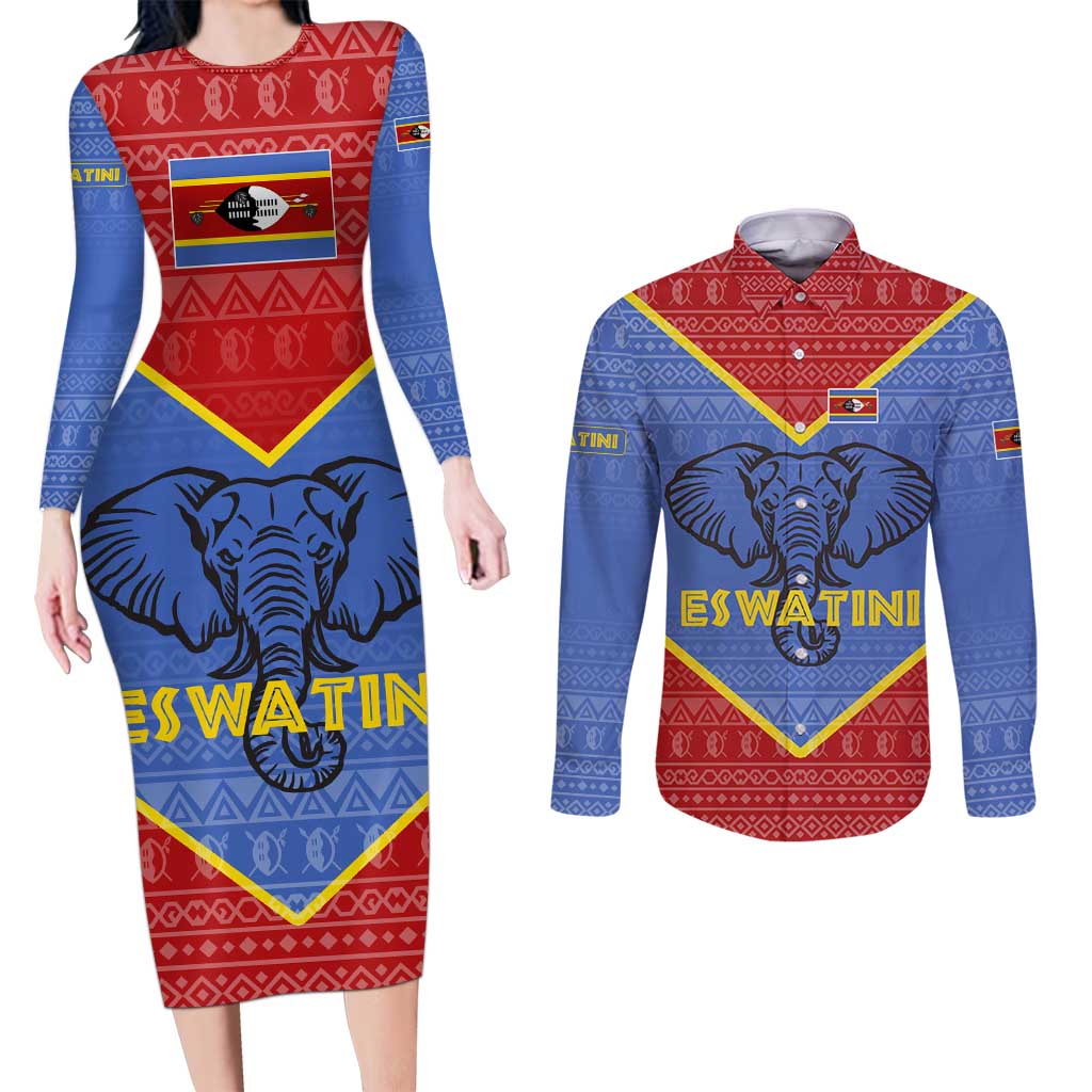 Eswatini Elephant Couples Matching Long Sleeve Bodycon Dress and Long Sleeve Button Shirt with Tribal Print and National Flag Details