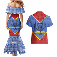 Eswatini Elephant Couples Matching Mermaid Dress and Hawaiian Shirt with Tribal Print and National Flag Details