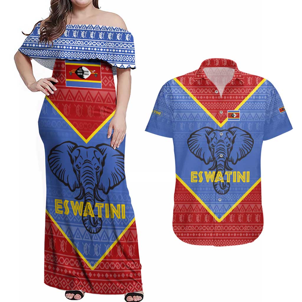 Eswatini Elephant Couples Matching Off Shoulder Maxi Dress and Hawaiian Shirt with Tribal Print and National Flag Details