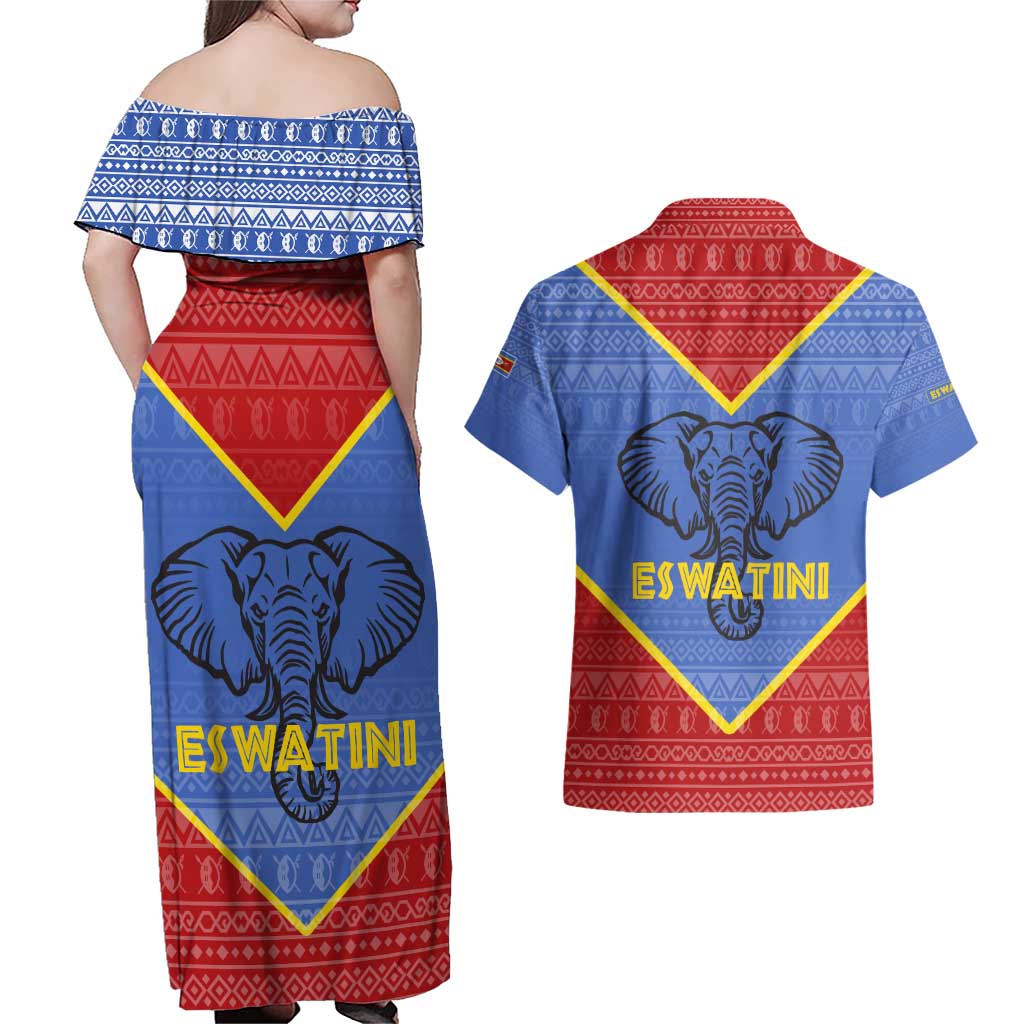 Eswatini Elephant Couples Matching Off Shoulder Maxi Dress and Hawaiian Shirt with Tribal Print and National Flag Details