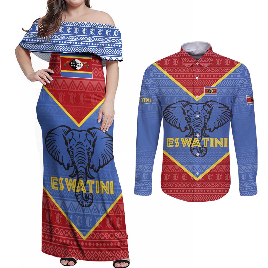 Eswatini Elephant Couples Matching Off Shoulder Maxi Dress and Long Sleeve Button Shirt with Tribal Print and National Flag Details