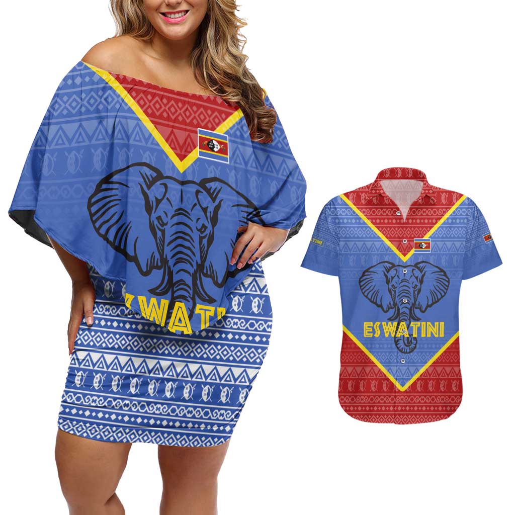 Eswatini Elephant Couples Matching Off Shoulder Short Dress and Hawaiian Shirt with Tribal Print and National Flag Details