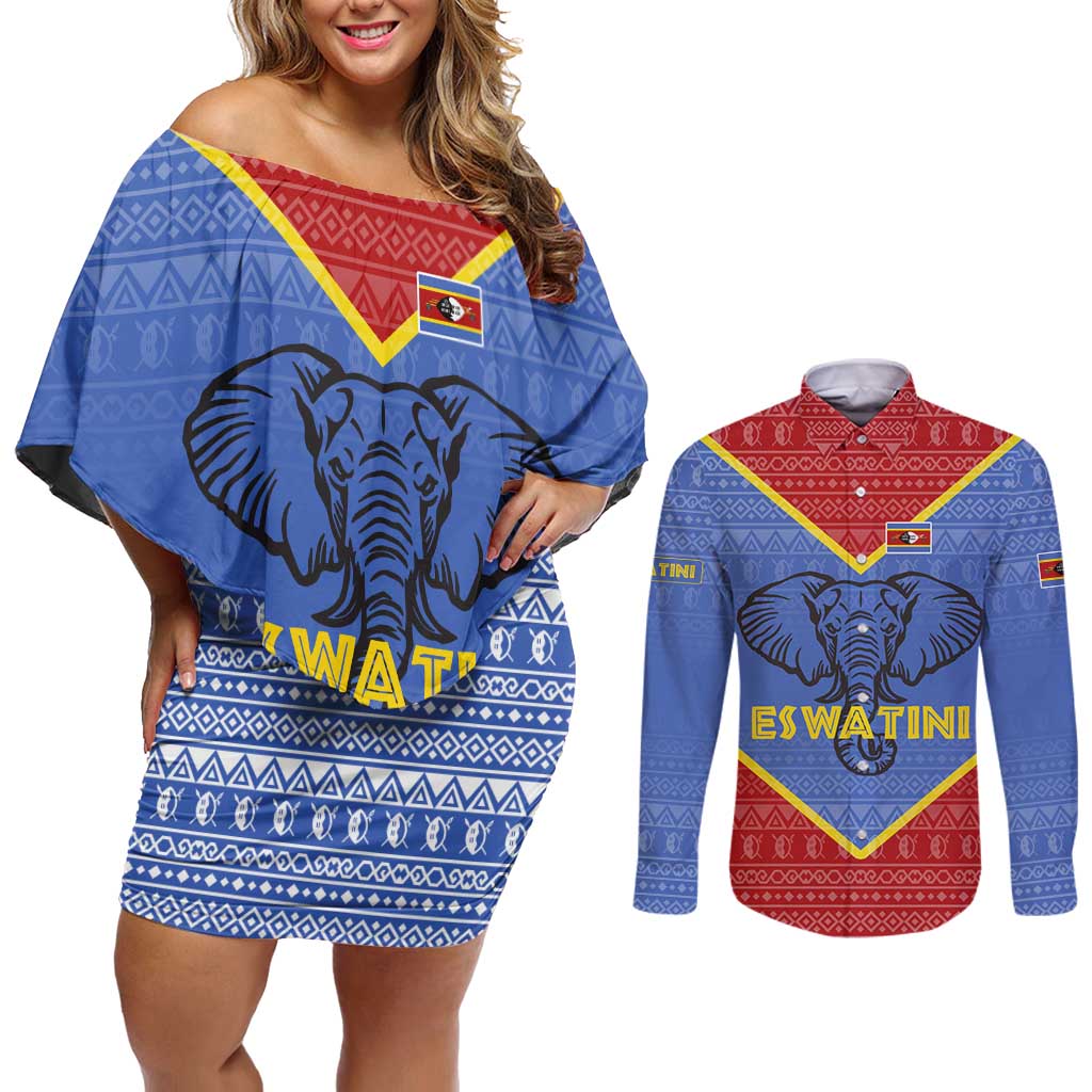 Eswatini Elephant Couples Matching Off Shoulder Short Dress and Long Sleeve Button Shirt with Tribal Print and National Flag Details
