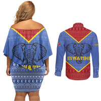 Eswatini Elephant Couples Matching Off Shoulder Short Dress and Long Sleeve Button Shirt with Tribal Print and National Flag Details