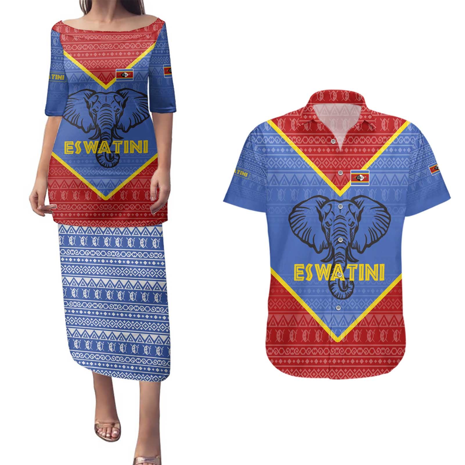 Eswatini Elephant Couples Matching Puletasi and Hawaiian Shirt with Tribal Print and National Flag Details